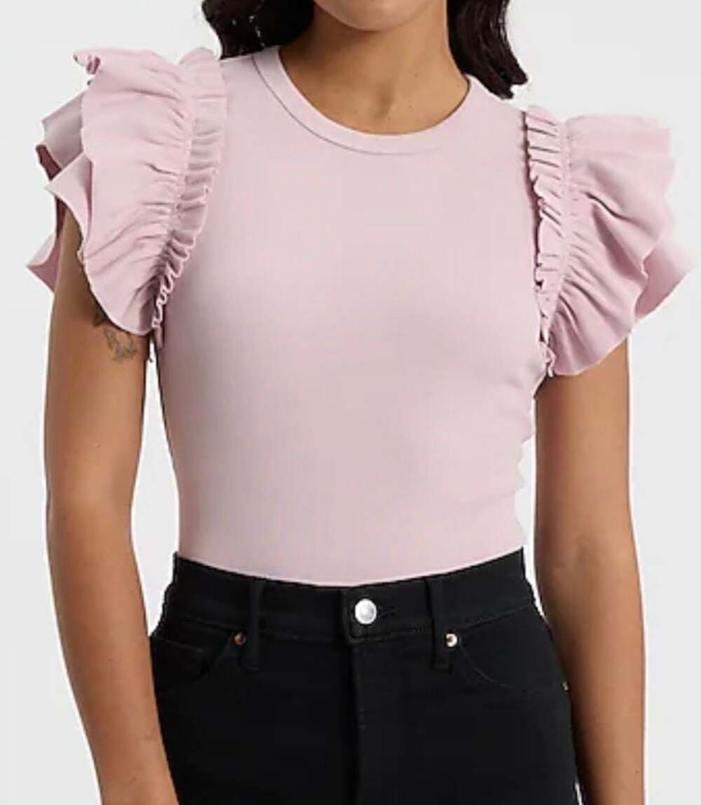 Express Pink Double Flutter Sleeve Keyhole Back Bodysuit